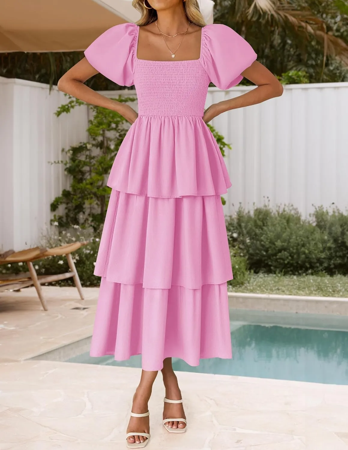 ZESICA Women's 2025 Summer Boho Midi Dress Short Puff Sleeve Flowy A Line Tiered Beach Vacation Long Dresses