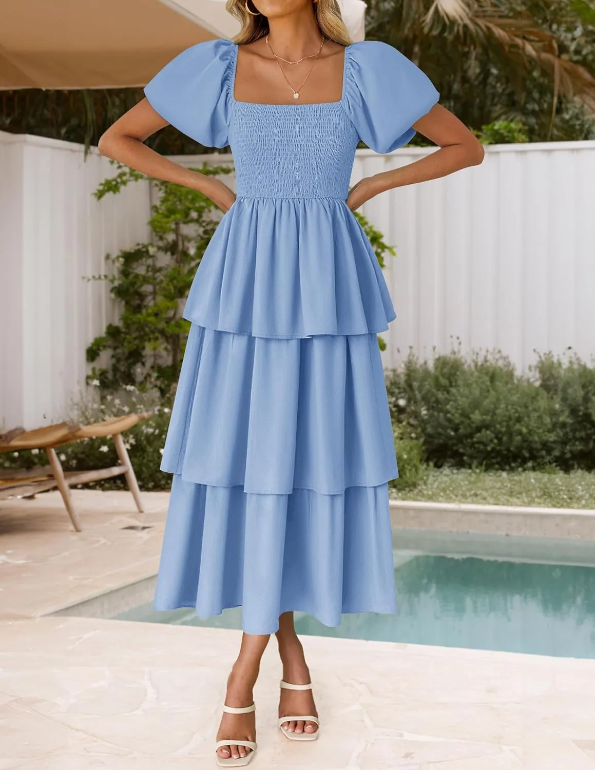 ZESICA Women's 2025 Summer Boho Midi Dress Short Puff Sleeve Flowy A Line Tiered Beach Vacation Long Dresses