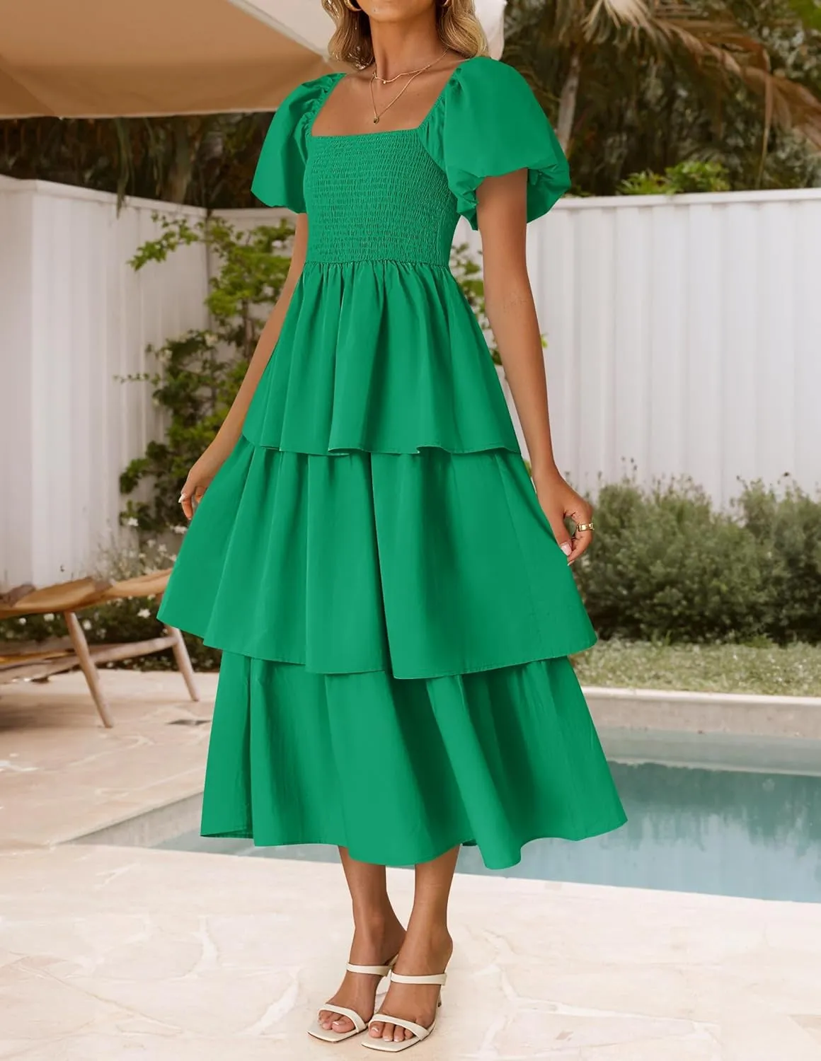 ZESICA Women's 2025 Summer Boho Midi Dress Short Puff Sleeve Flowy A Line Tiered Beach Vacation Long Dresses