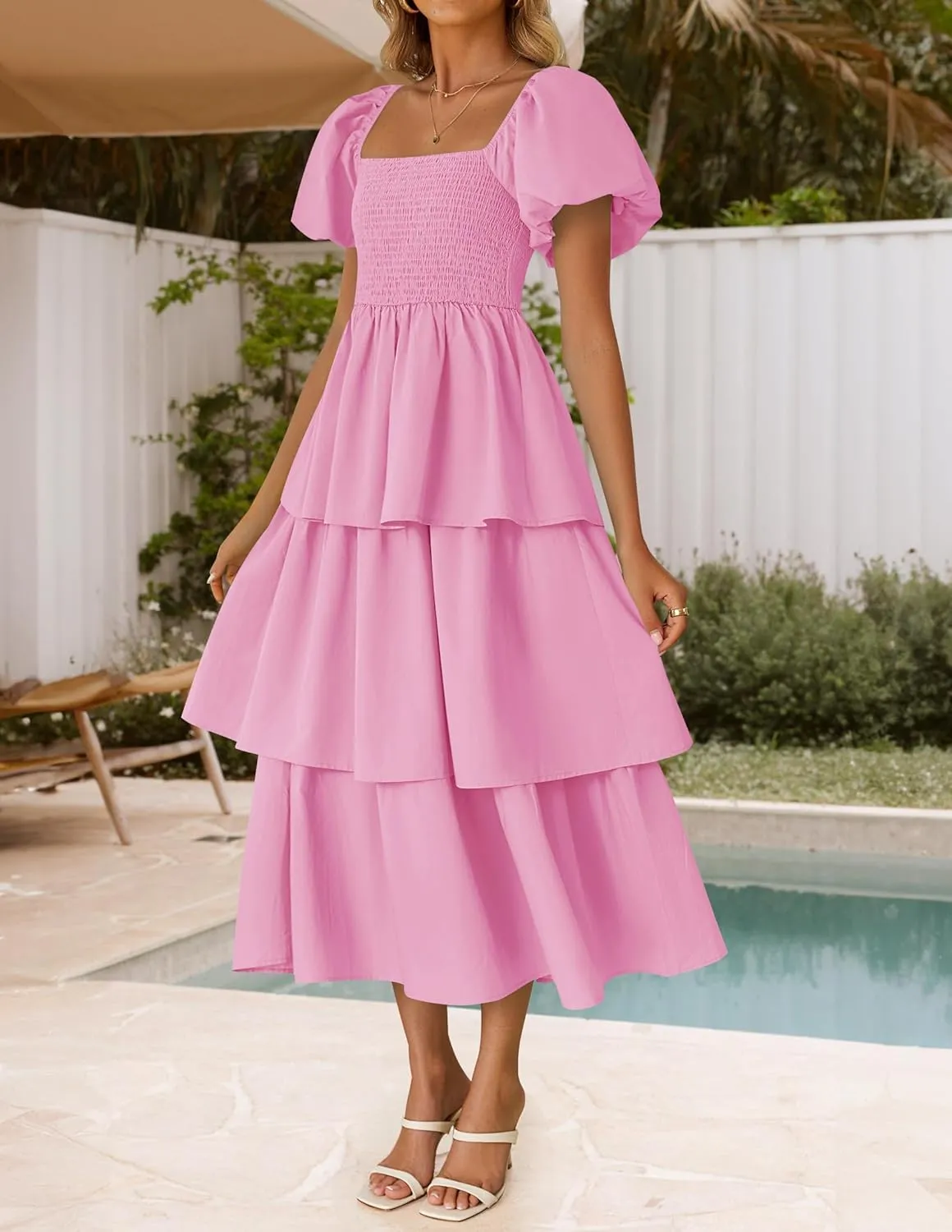 ZESICA Women's 2025 Summer Boho Midi Dress Short Puff Sleeve Flowy A Line Tiered Beach Vacation Long Dresses