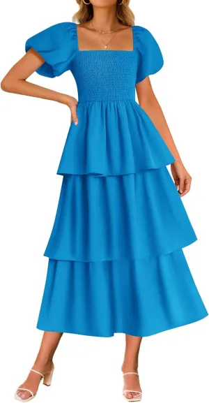 ZESICA Women's 2025 Summer Boho Midi Dress Short Puff Sleeve Flowy A Line Tiered Beach Vacation Long Dresses
