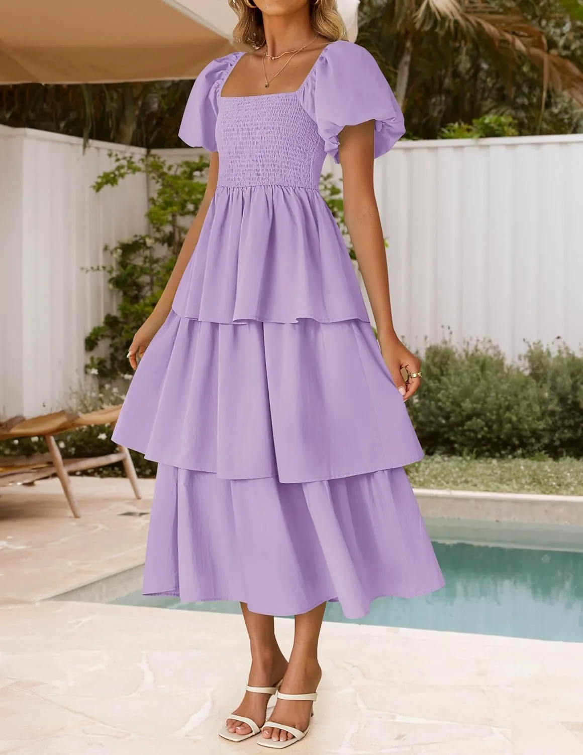 ZESICA Women's 2025 Summer Boho Midi Dress Short Puff Sleeve Flowy A Line Tiered Beach Vacation Long Dresses