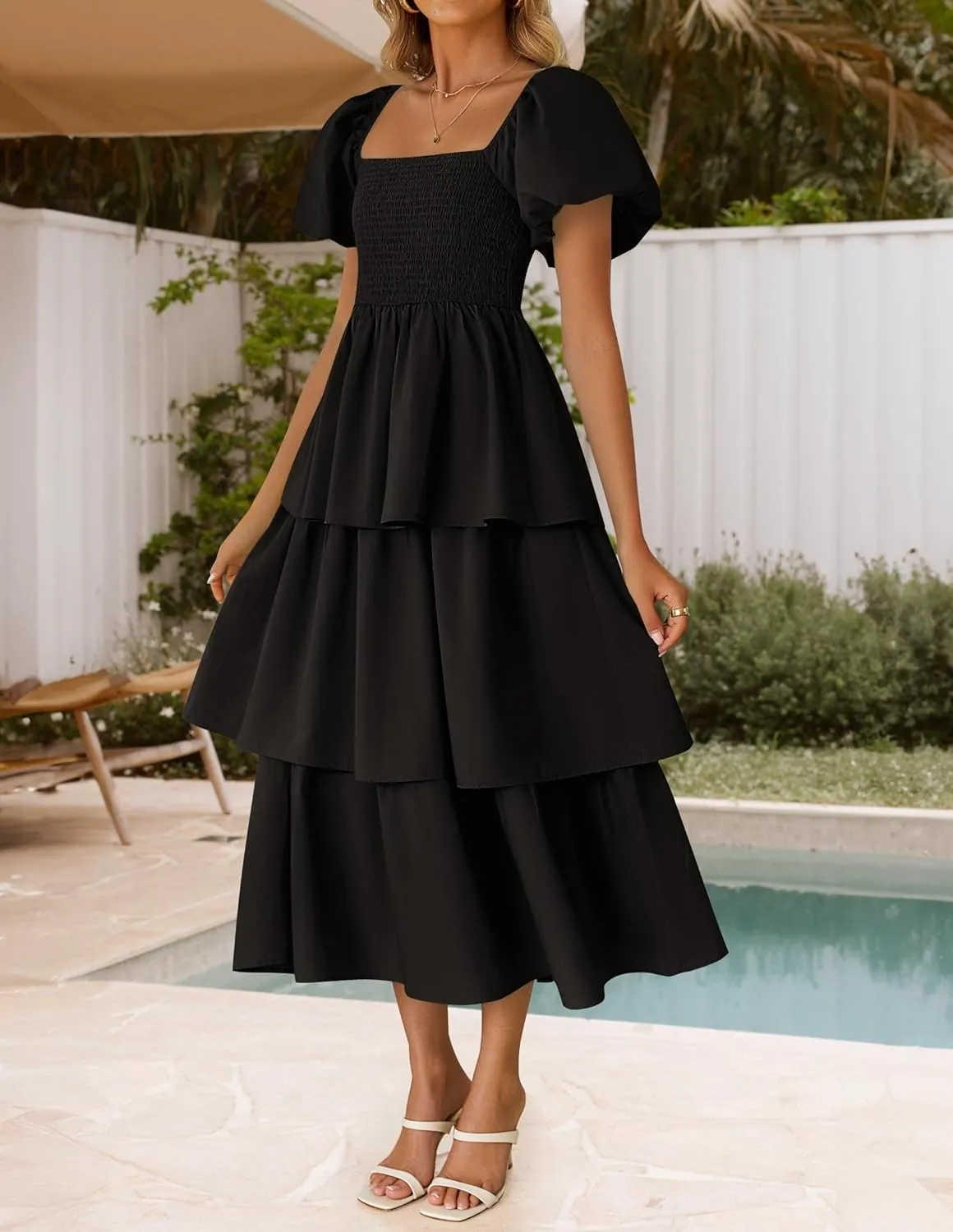 ZESICA Women's 2025 Summer Boho Midi Dress Short Puff Sleeve Flowy A Line Tiered Beach Vacation Long Dresses