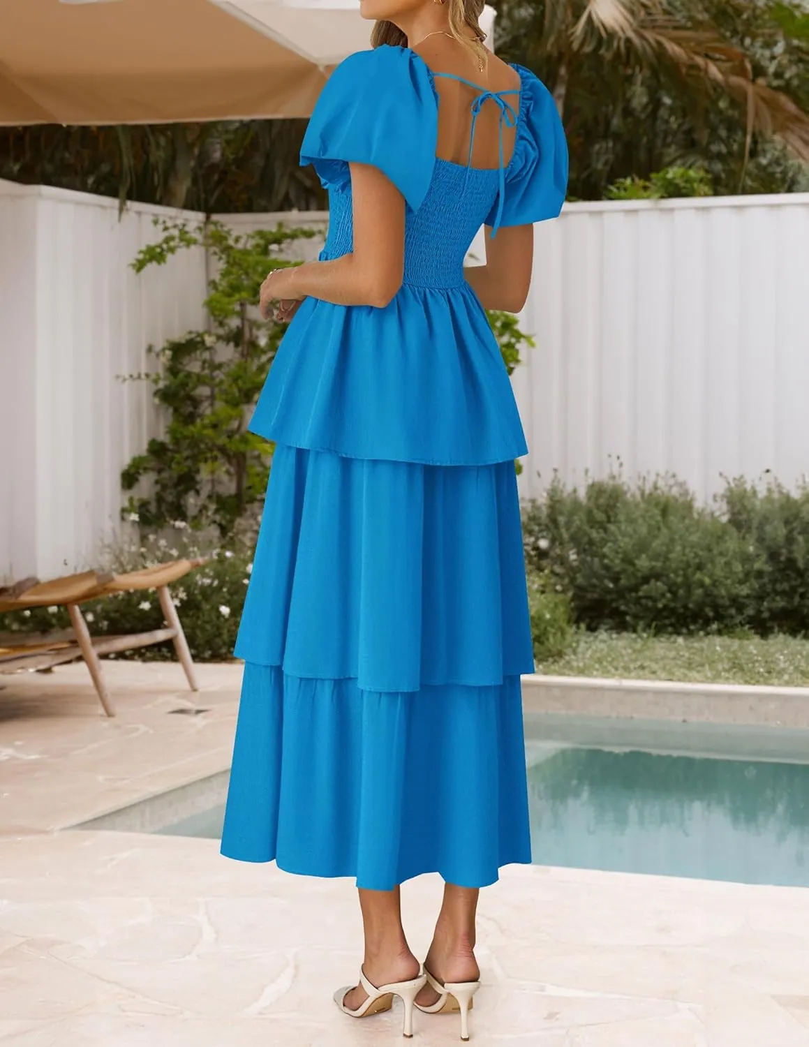 ZESICA Women's 2025 Summer Boho Midi Dress Short Puff Sleeve Flowy A Line Tiered Beach Vacation Long Dresses