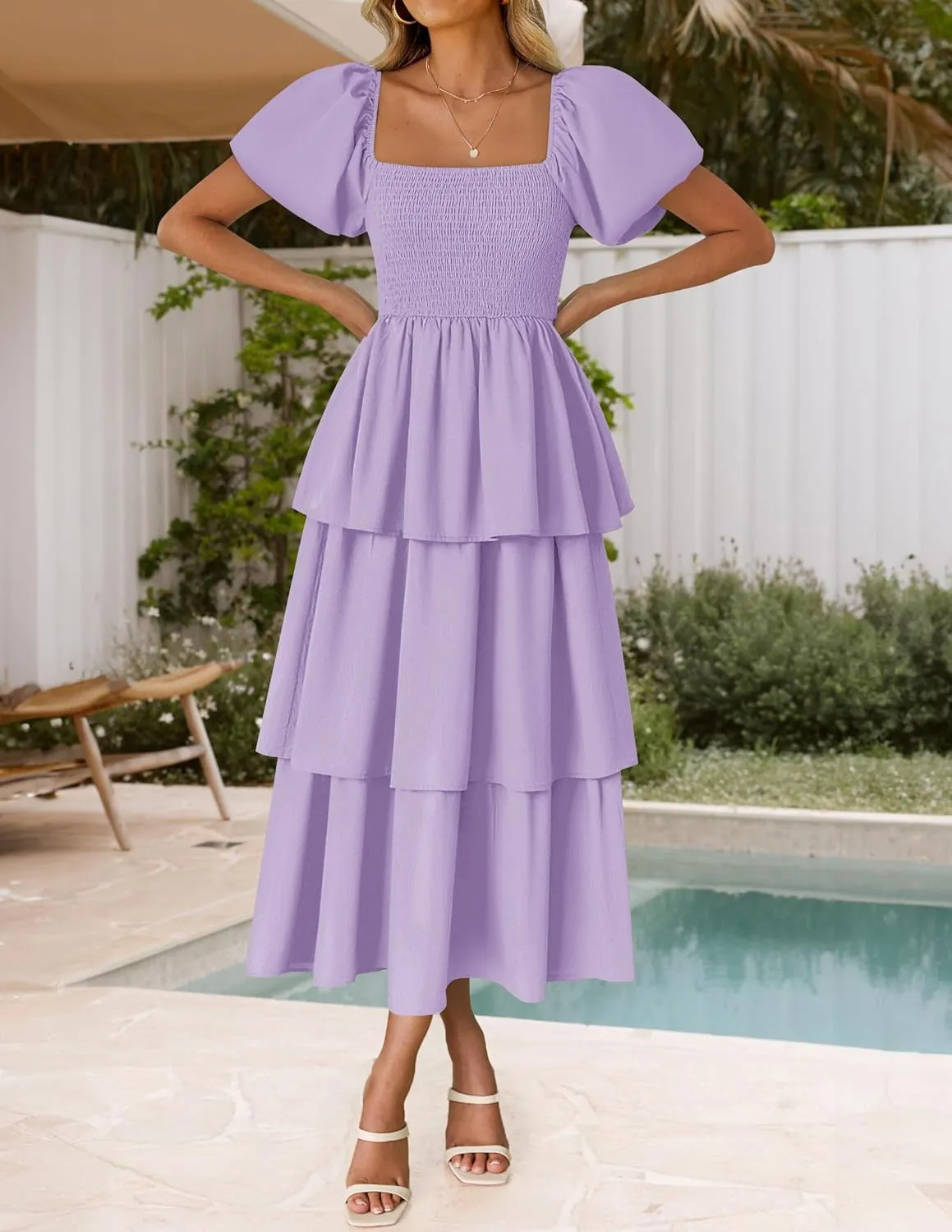 ZESICA Women's 2025 Summer Boho Midi Dress Short Puff Sleeve Flowy A Line Tiered Beach Vacation Long Dresses