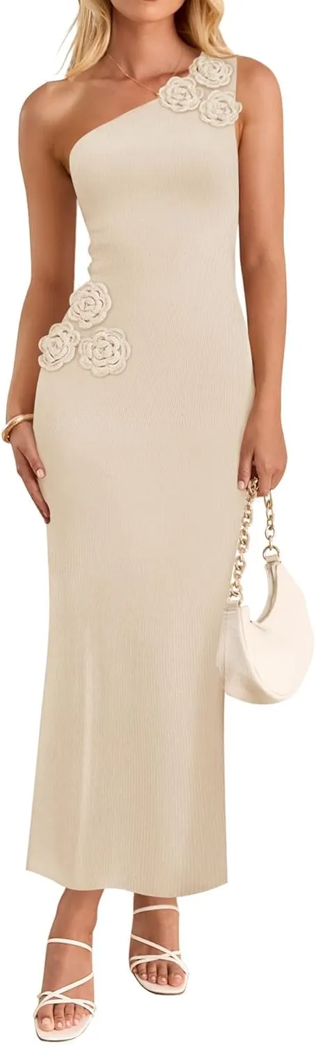 ZESICA Women's 2025 Summer One Shoulder Sleeveless Maxi Dress Casual Floral Ribbed Knit Backless Cocktail Party Long Dresses