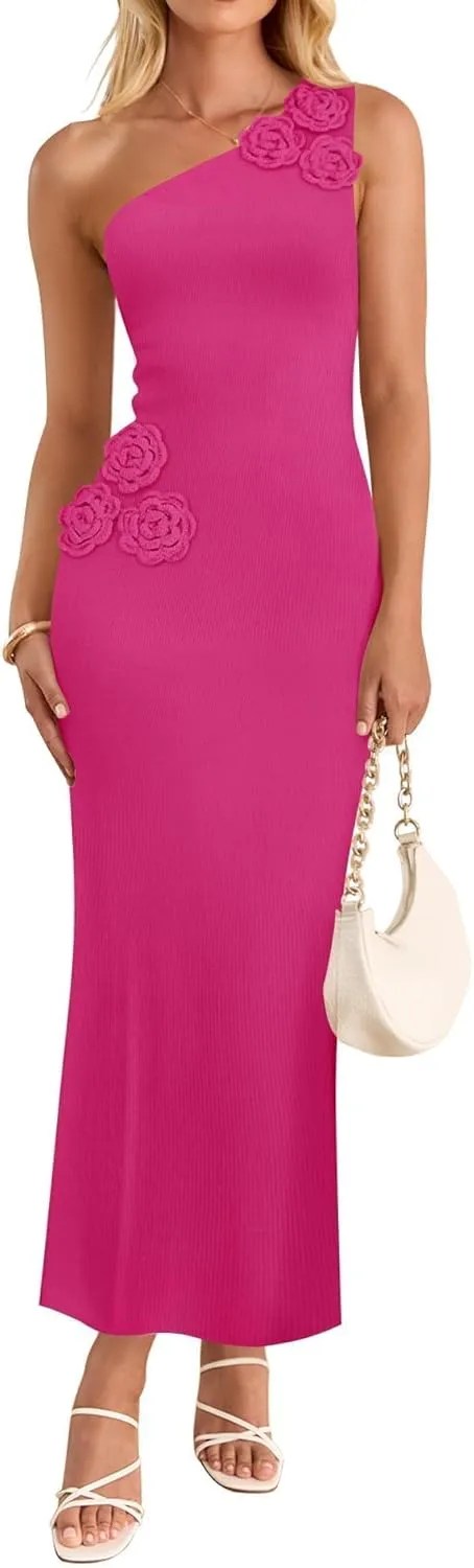 ZESICA Women's 2025 Summer One Shoulder Sleeveless Maxi Dress Casual Floral Ribbed Knit Backless Cocktail Party Long Dresses