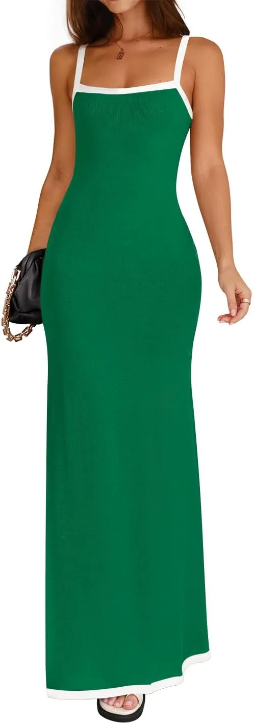 ZESICA Women's 2025 Summer Spaghetti Straps Maxi Dress Sleeveless Square Neck Lightweight Long Beach Dresses