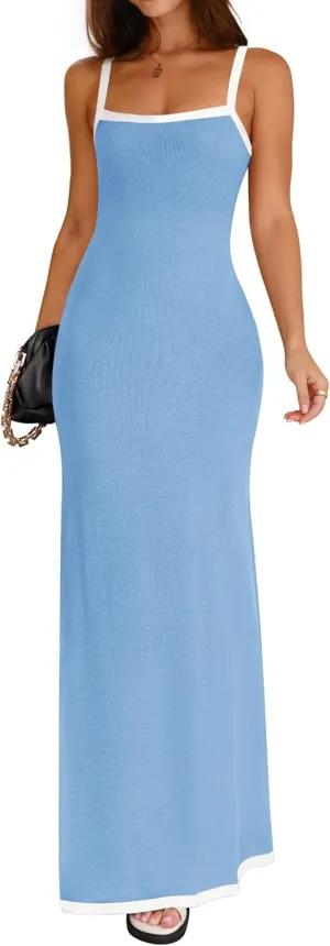 ZESICA Women's 2025 Summer Spaghetti Straps Maxi Dress Sleeveless Square Neck Lightweight Long Beach Dresses
