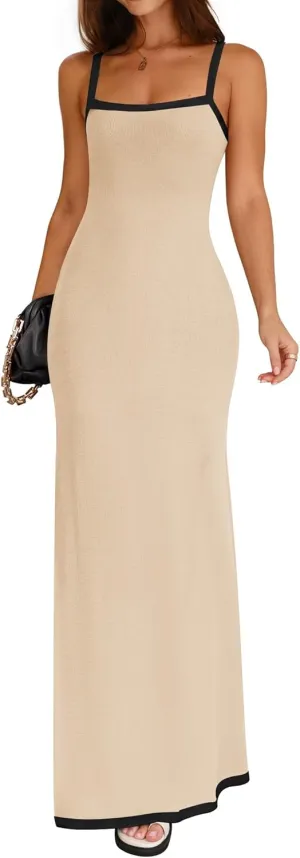 ZESICA Women's 2025 Summer Spaghetti Straps Maxi Dress Sleeveless Square Neck Lightweight Long Beach Dresses