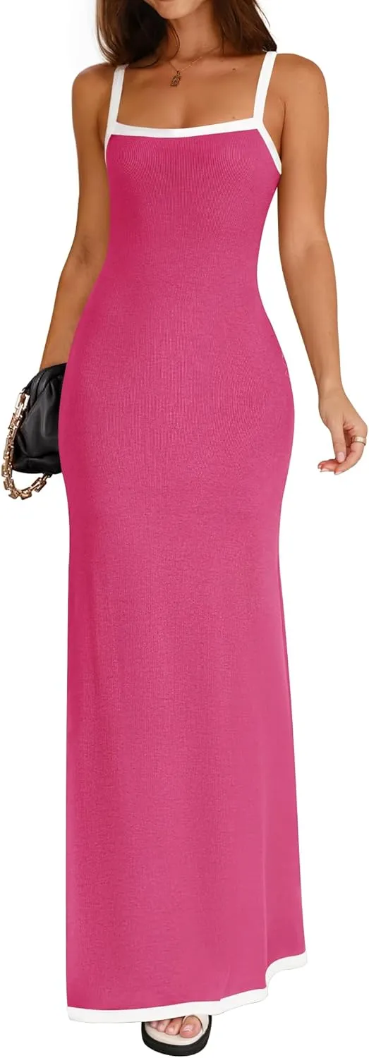 ZESICA Women's 2025 Summer Spaghetti Straps Maxi Dress Sleeveless Square Neck Lightweight Long Beach Dresses