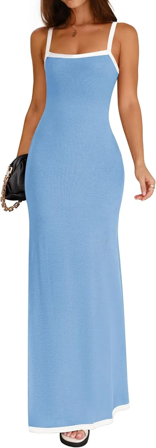 ZESICA Women's 2025 Summer Spaghetti Straps Maxi Dress Sleeveless Square Neck Lightweight Long Beach Dresses