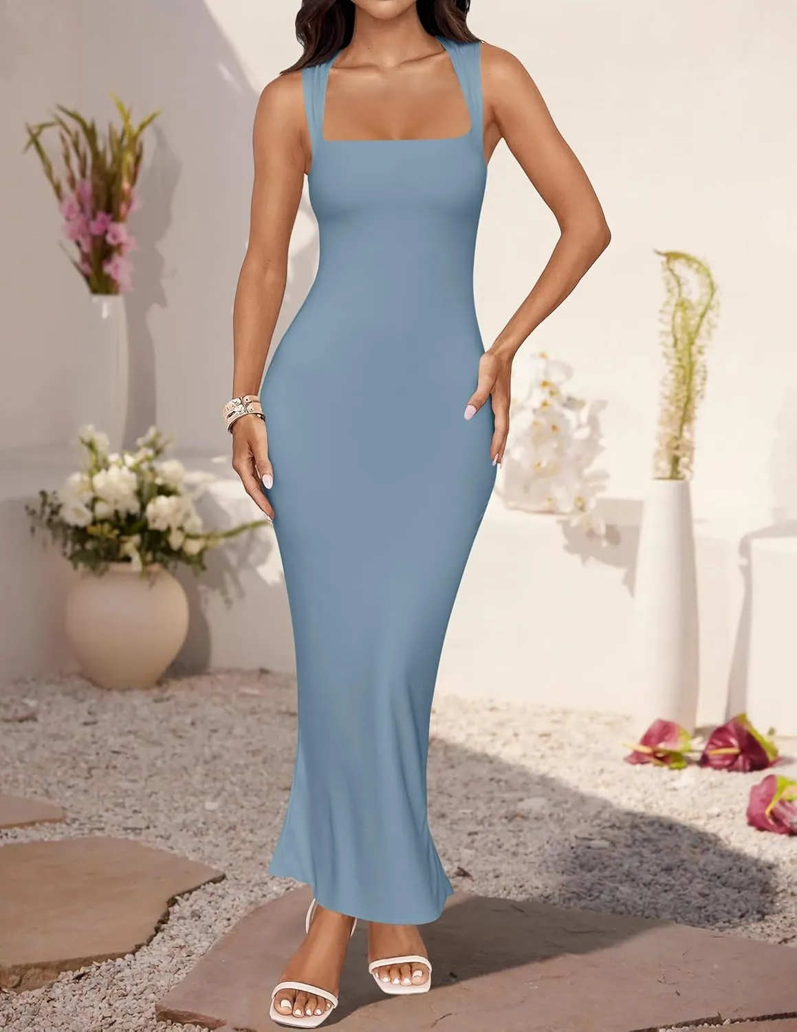 ZESICA Women's Summer Bodycon Midi Dress Sleeveless Square Neck Slim Fit Back Slit Long Cocktail Party Dresses