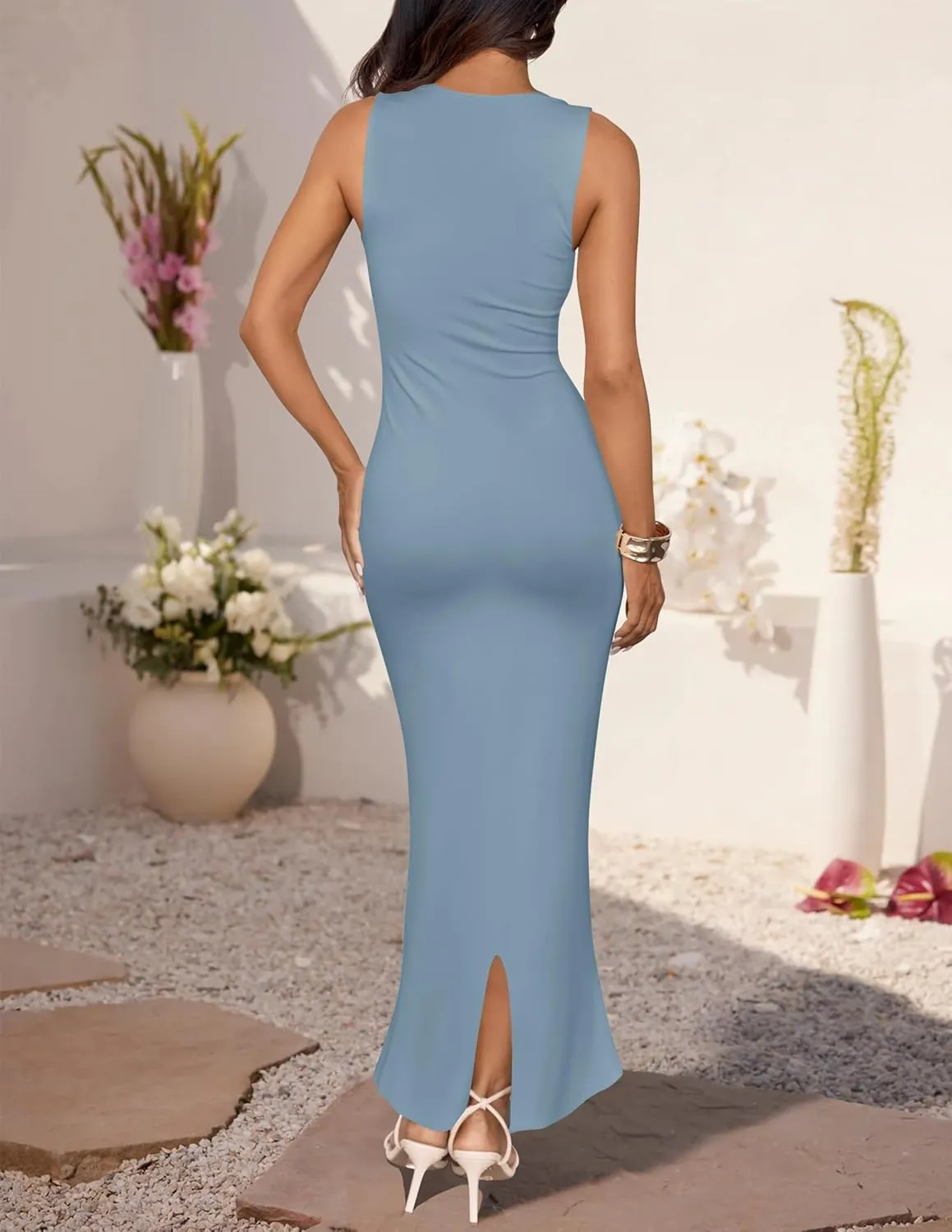 ZESICA Women's Summer Bodycon Midi Dress Sleeveless Square Neck Slim Fit Back Slit Long Cocktail Party Dresses