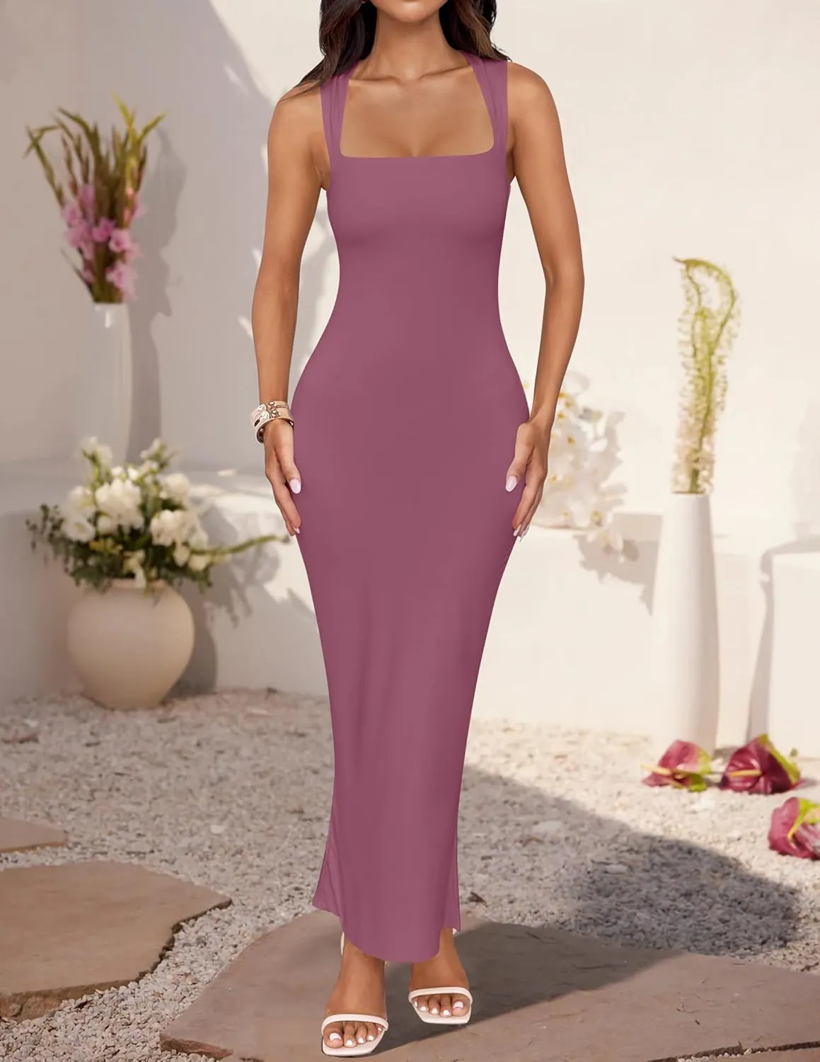 ZESICA Women's Summer Bodycon Midi Dress Sleeveless Square Neck Slim Fit Back Slit Long Cocktail Party Dresses