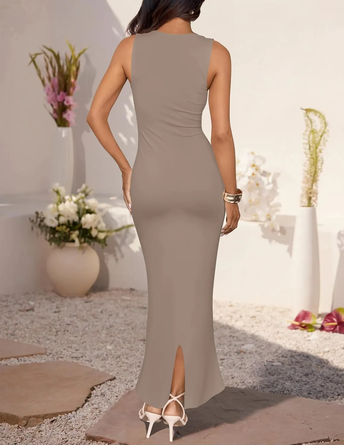 ZESICA Women's Summer Bodycon Midi Dress Sleeveless Square Neck Slim Fit Back Slit Long Cocktail Party Dresses
