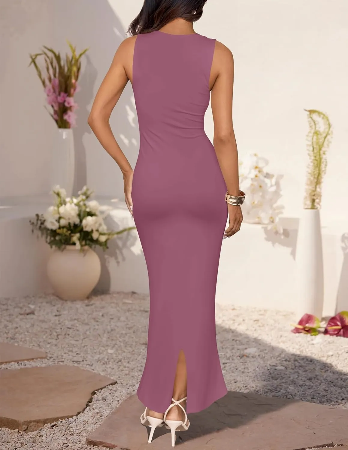 ZESICA Women's Summer Bodycon Midi Dress Sleeveless Square Neck Slim Fit Back Slit Long Cocktail Party Dresses