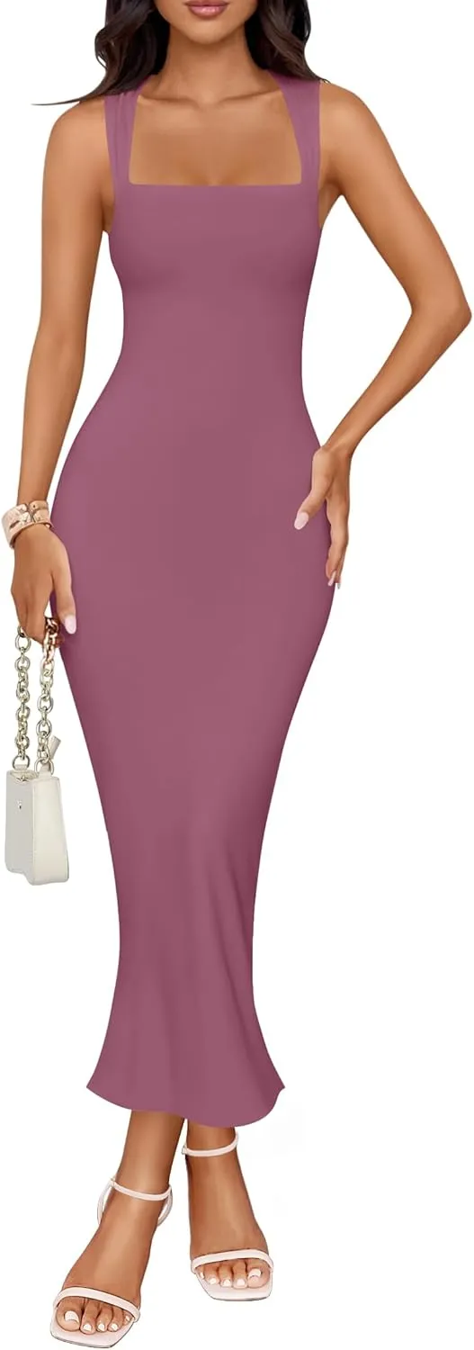 ZESICA Women's Summer Bodycon Midi Dress Sleeveless Square Neck Slim Fit Back Slit Long Cocktail Party Dresses