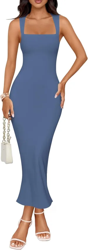 ZESICA Women's Summer Bodycon Midi Dress Sleeveless Square Neck Slim Fit Back Slit Long Cocktail Party Dresses