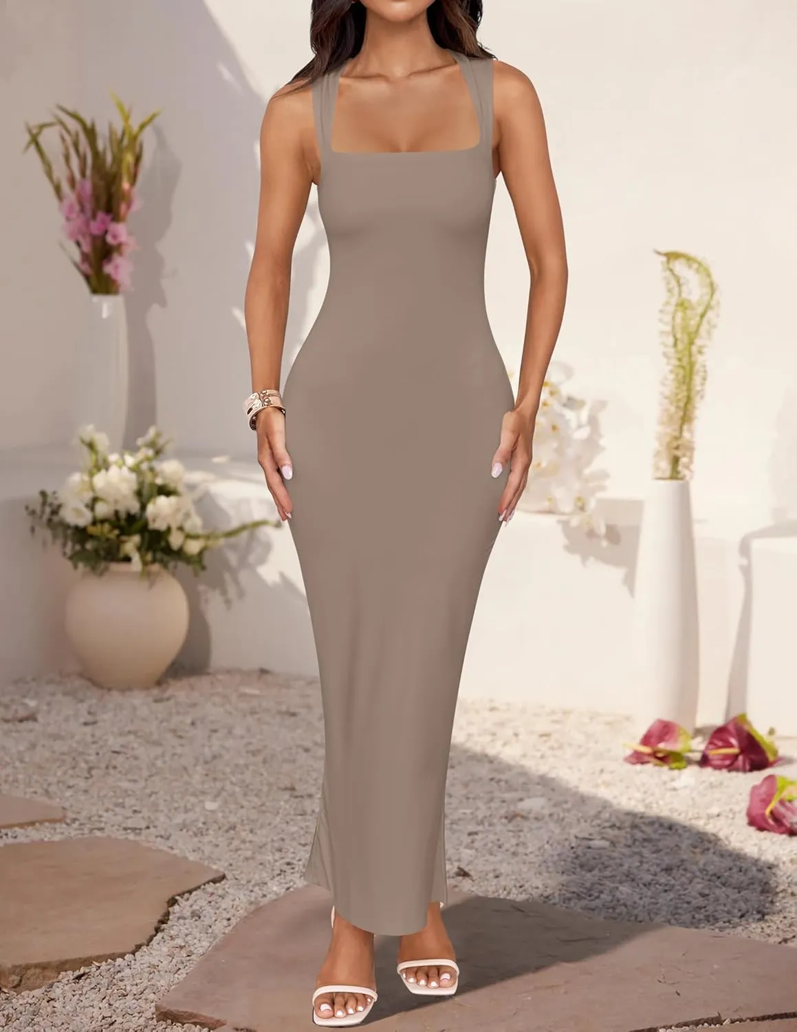 ZESICA Women's Summer Bodycon Midi Dress Sleeveless Square Neck Slim Fit Back Slit Long Cocktail Party Dresses