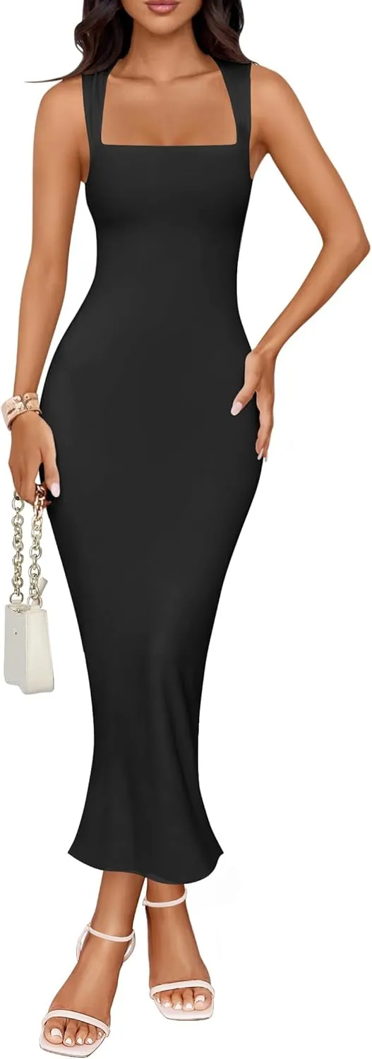 ZESICA Women's Summer Bodycon Midi Dress Sleeveless Square Neck Slim Fit Back Slit Long Cocktail Party Dresses