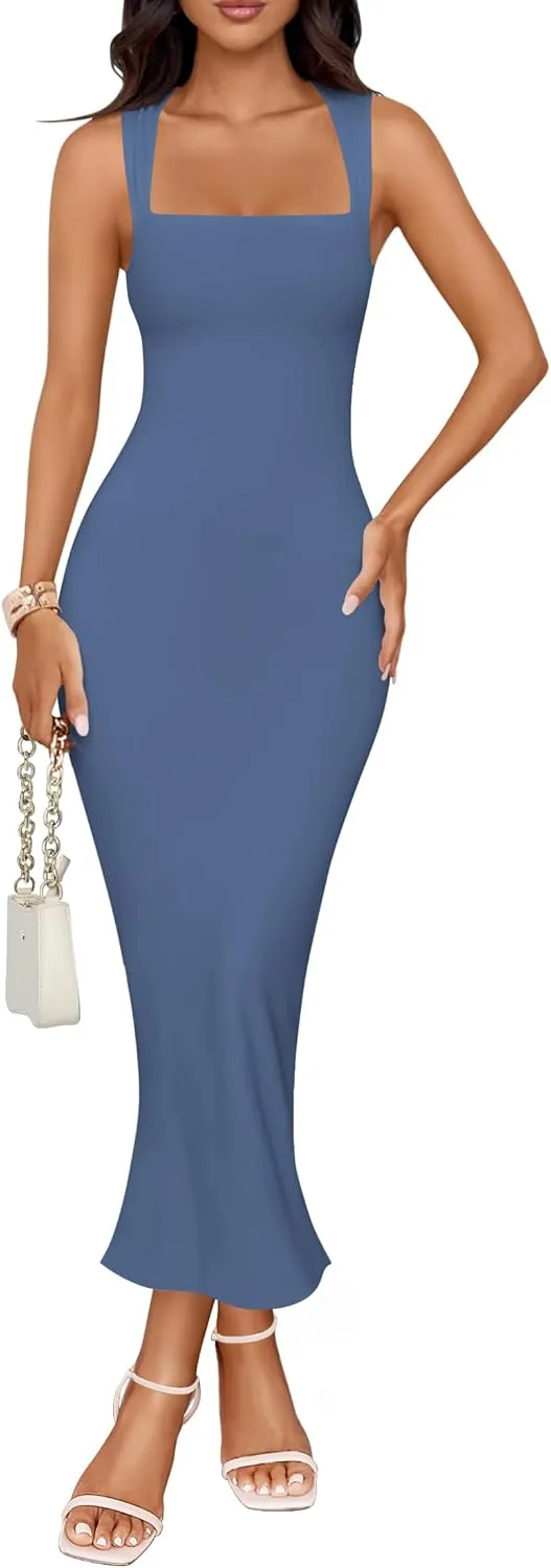 ZESICA Women's Summer Bodycon Midi Dress Sleeveless Square Neck Slim Fit Back Slit Long Cocktail Party Dresses