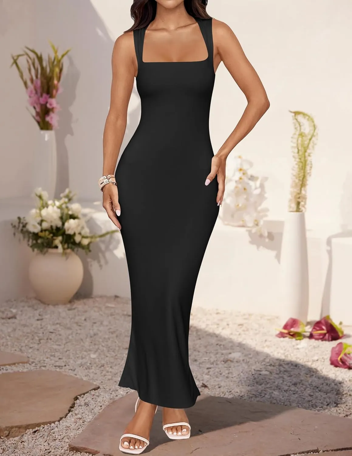 ZESICA Women's Summer Bodycon Midi Dress Sleeveless Square Neck Slim Fit Back Slit Long Cocktail Party Dresses