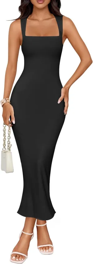 ZESICA Women's Summer Bodycon Midi Dress Sleeveless Square Neck Slim Fit Back Slit Long Cocktail Party Dresses