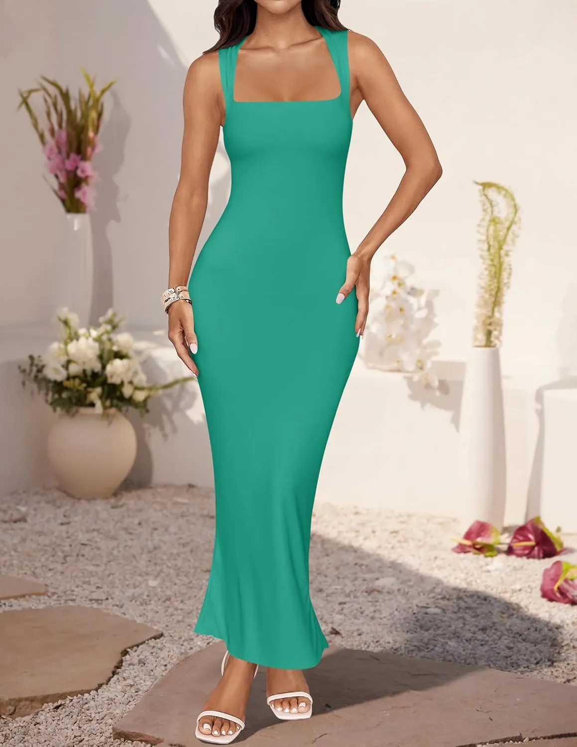 ZESICA Women's Summer Bodycon Midi Dress Sleeveless Square Neck Slim Fit Back Slit Long Cocktail Party Dresses
