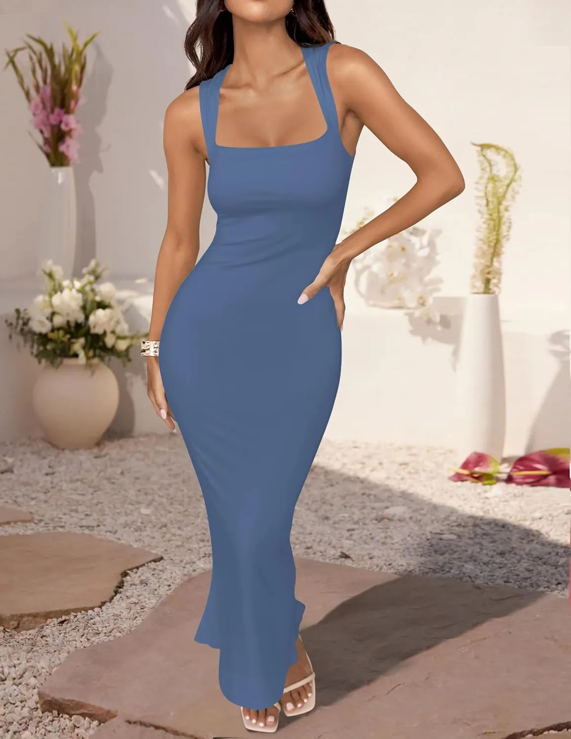 ZESICA Women's Summer Bodycon Midi Dress Sleeveless Square Neck Slim Fit Back Slit Long Cocktail Party Dresses