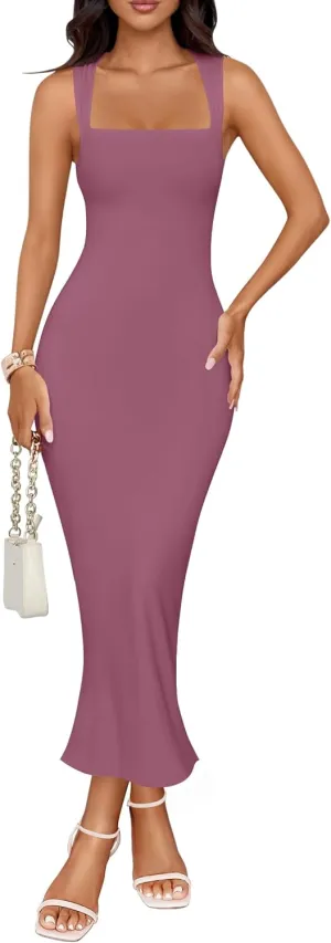 ZESICA Women's Summer Bodycon Midi Dress Sleeveless Square Neck Slim Fit Back Slit Long Cocktail Party Dresses