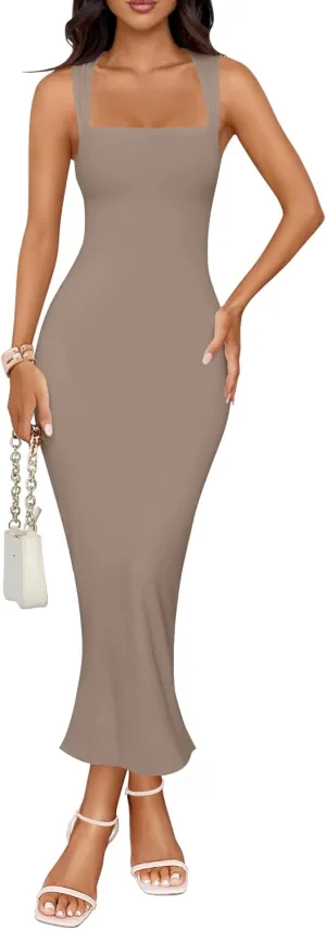 ZESICA Women's Summer Bodycon Midi Dress Sleeveless Square Neck Slim Fit Back Slit Long Cocktail Party Dresses