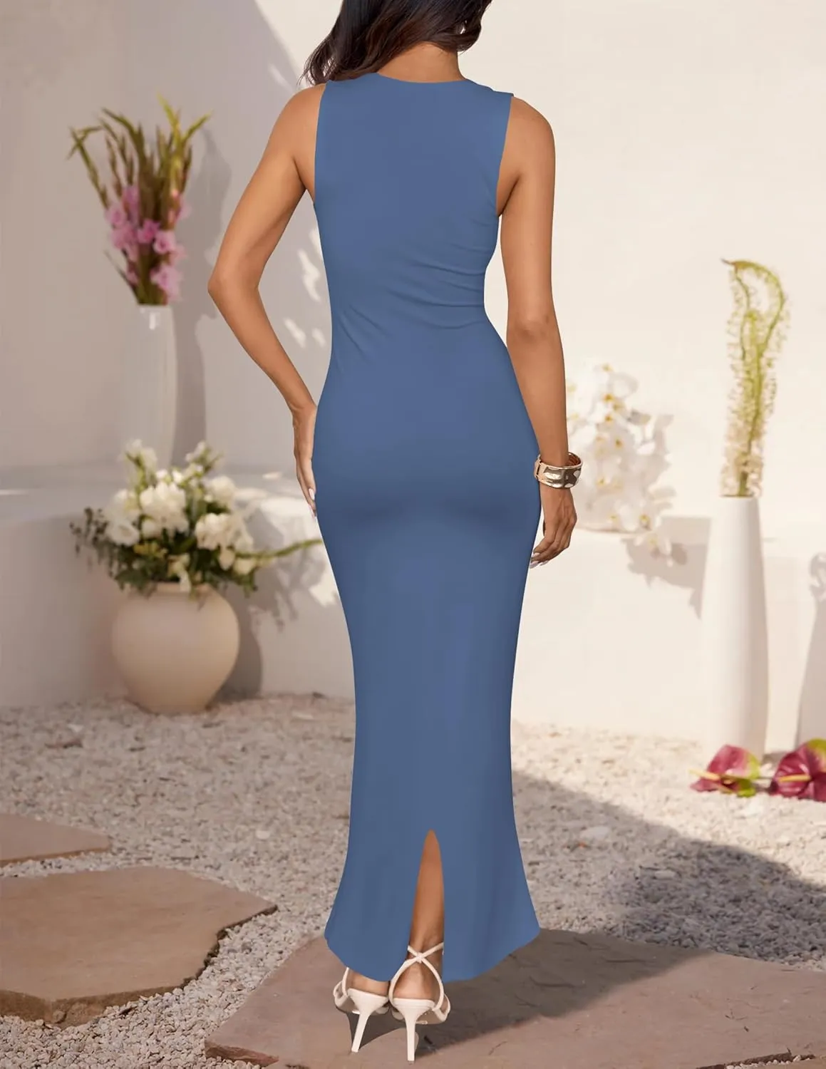 ZESICA Women's Summer Bodycon Midi Dress Sleeveless Square Neck Slim Fit Back Slit Long Cocktail Party Dresses