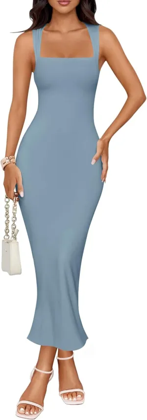 ZESICA Women's Summer Bodycon Midi Dress Sleeveless Square Neck Slim Fit Back Slit Long Cocktail Party Dresses
