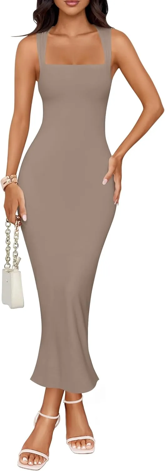 ZESICA Women's Summer Bodycon Midi Dress Sleeveless Square Neck Slim Fit Back Slit Long Cocktail Party Dresses