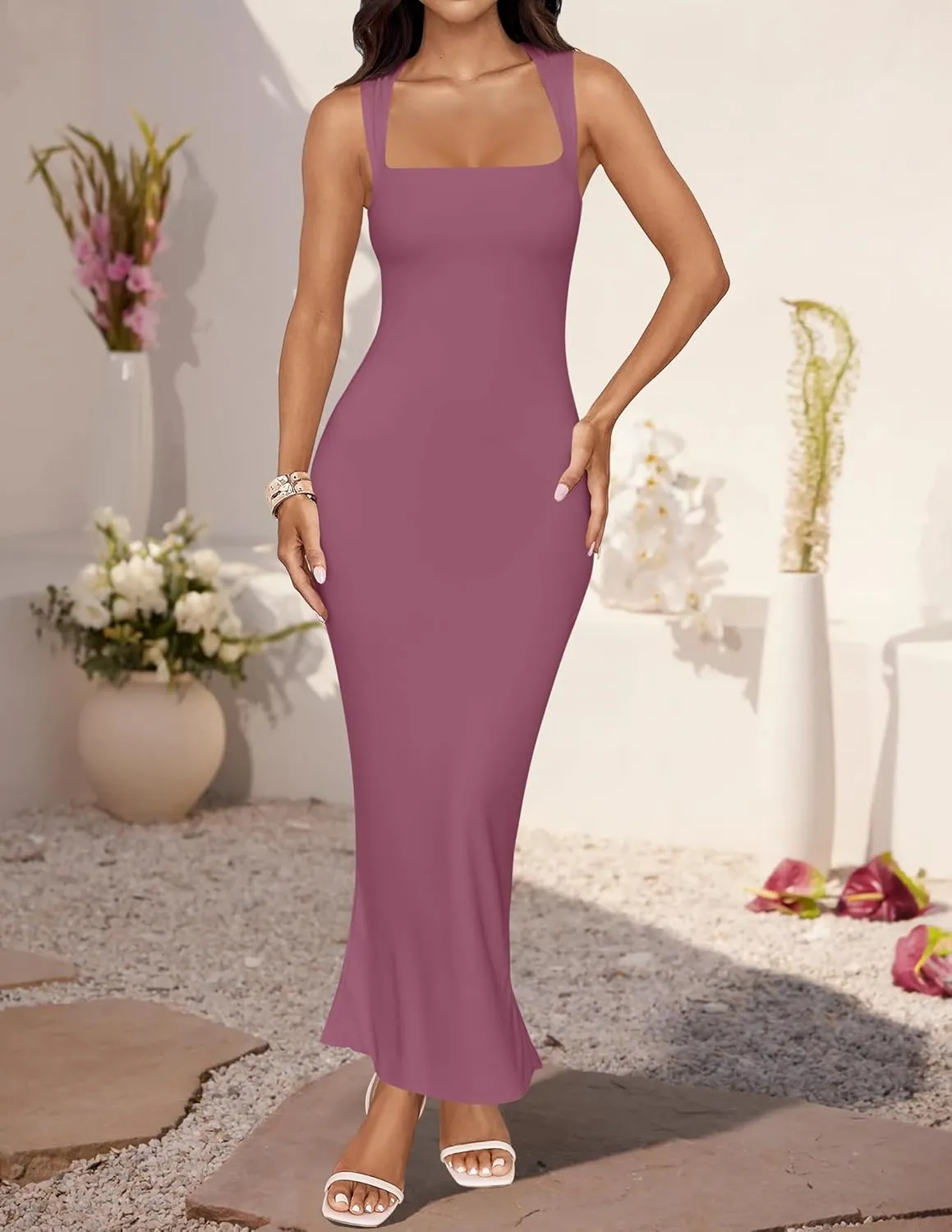 ZESICA Women's Summer Bodycon Midi Dress Sleeveless Square Neck Slim Fit Back Slit Long Cocktail Party Dresses