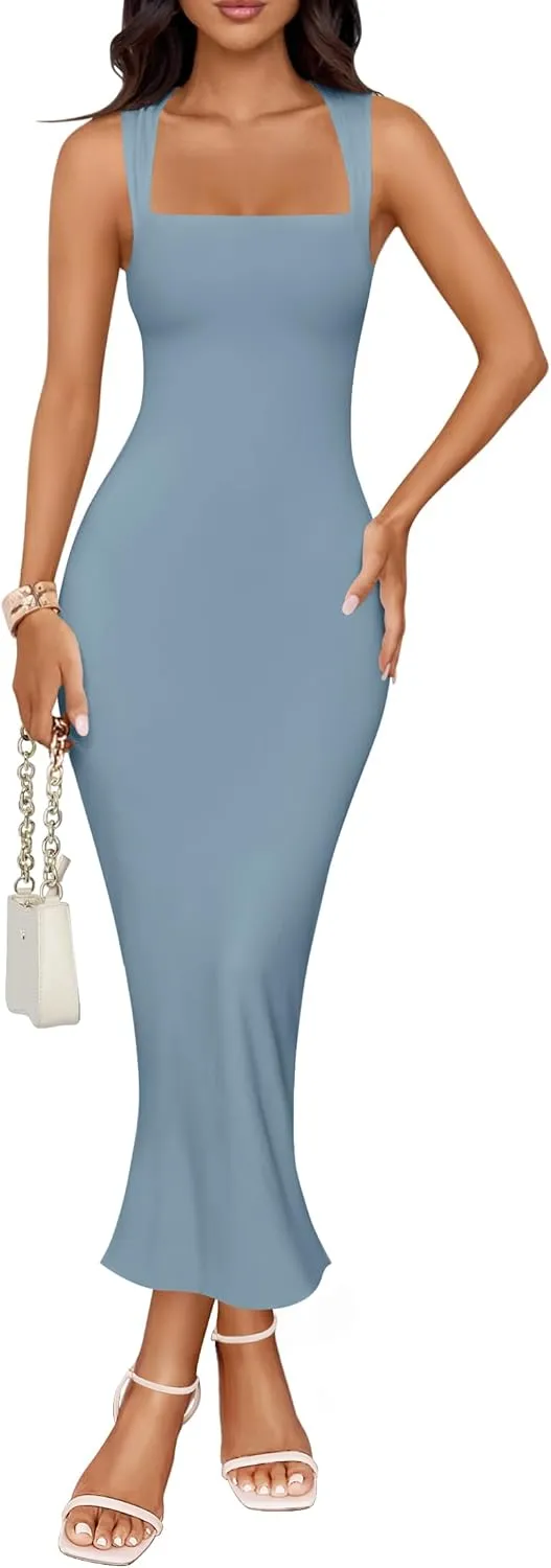 ZESICA Women's Summer Bodycon Midi Dress Sleeveless Square Neck Slim Fit Back Slit Long Cocktail Party Dresses