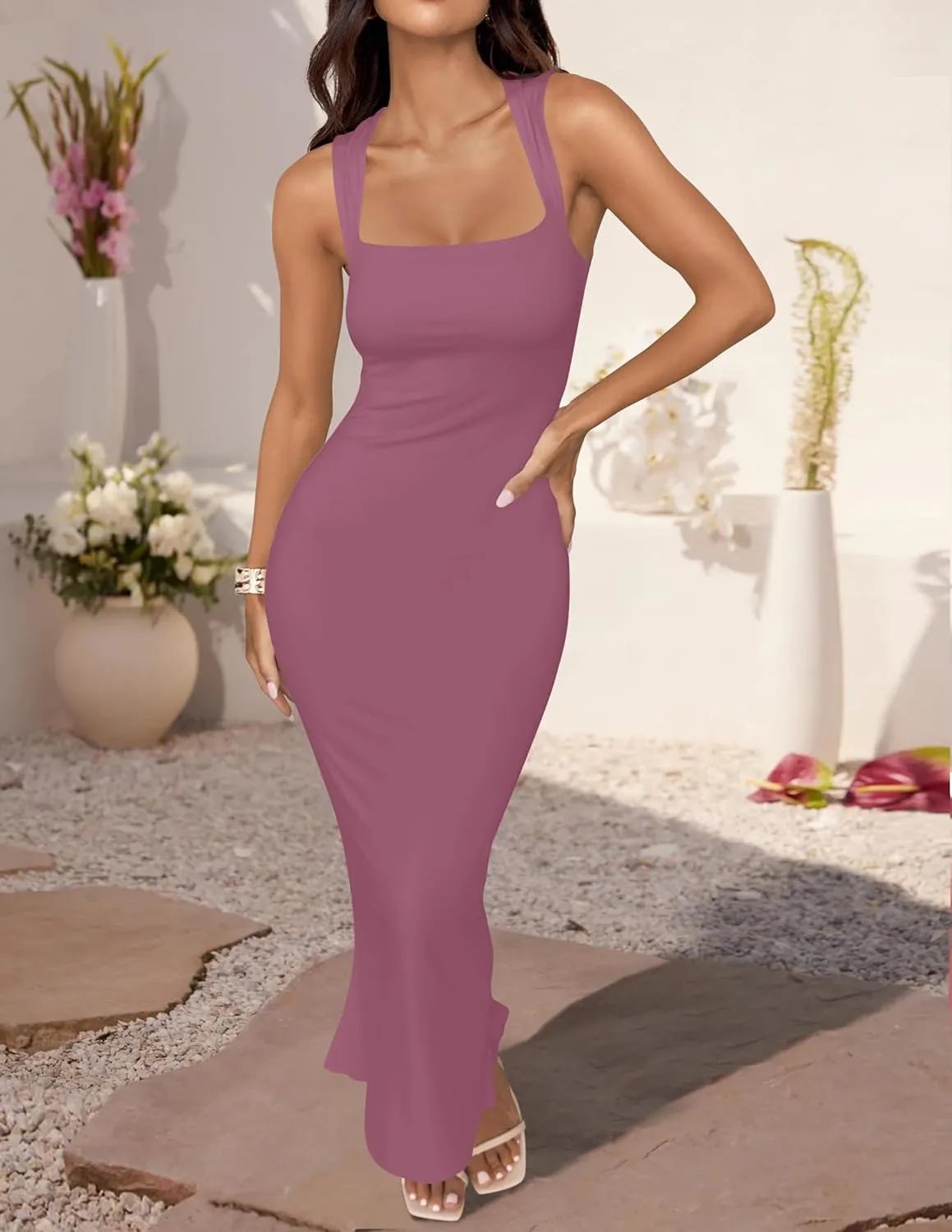 ZESICA Women's Summer Bodycon Midi Dress Sleeveless Square Neck Slim Fit Back Slit Long Cocktail Party Dresses