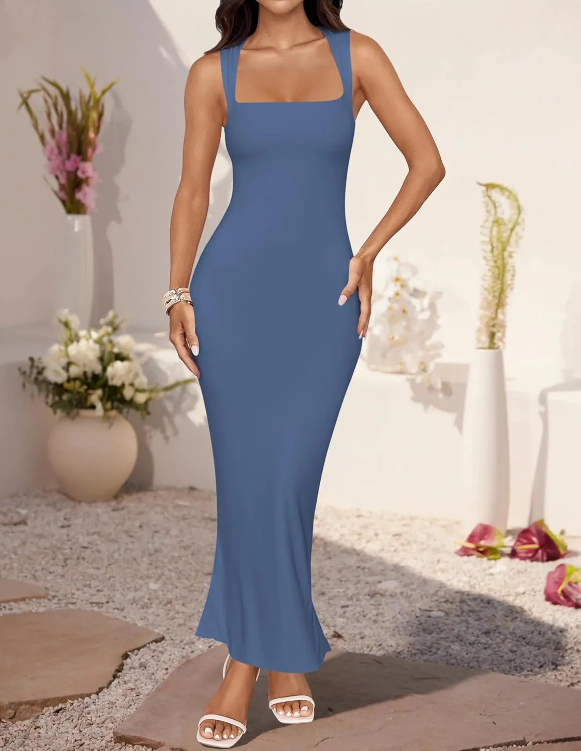 ZESICA Women's Summer Bodycon Midi Dress Sleeveless Square Neck Slim Fit Back Slit Long Cocktail Party Dresses