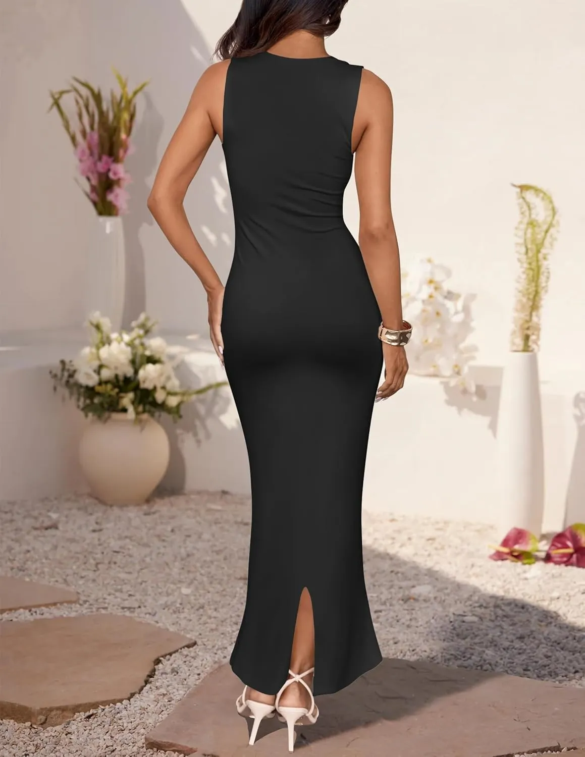 ZESICA Women's Summer Bodycon Midi Dress Sleeveless Square Neck Slim Fit Back Slit Long Cocktail Party Dresses