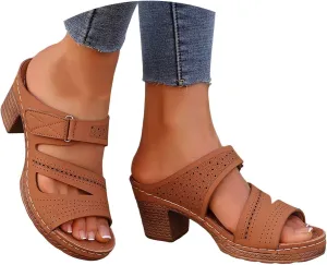 ZSpzx Block Heel Sandals for Women 2025 Comfort Dressy Women's Heeled Open Toe Comfortable Slip On Womens Chunky Mid Heels Ankle Strap Sandal Slippers Casual Summer Backless Mules Slide Walking Shoes